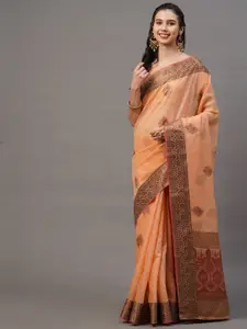 Mitera Peach-Coloured & Red Ethnic Motifs Silk Blend Banarasi Saree