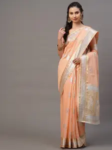 Mitera Peach-Coloured & Silver-Toned Floral Banarasi Saree