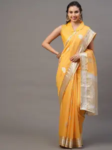 Mitera Yellow & Silver-Toned Woven Design Banarasi Saree