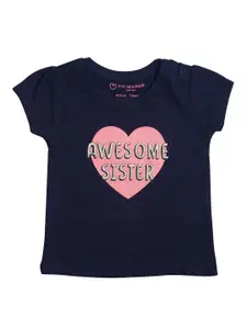 TINY HUG Girls Navy Blue & Pink Typography Printed Cotton T-shirt