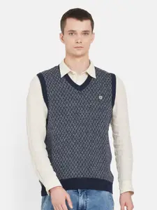 Duke Men Blue & Black Printed Sweater Vest
