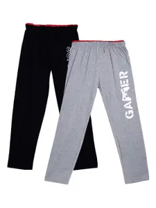 SWEET ANGEL Boys Pack Of 2 Black & Grey Printed Straight-Fit Pure Cotton Track Pants