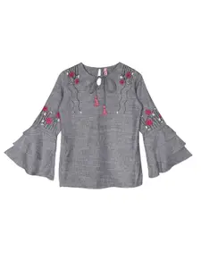Ishin Grey Floral Embroidered Tie-Up Neck Regular Top