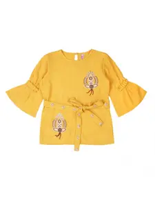 Ishin Yellow & Brown Embroidered Regular Top