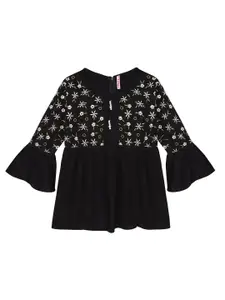 Ishin Black Floral Embroidered A-Line Top
