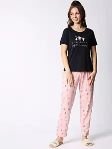 I like me Women Navy Blue & Pink Printed Pure Cotton Night Suit