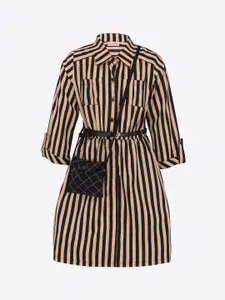 CUTECUMBER Girls Beige & Black Striped Shirt Dress