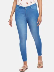 People Women Blue-Coloured Tapered Fit Mid-Rise Light Fade Cropped Jeans