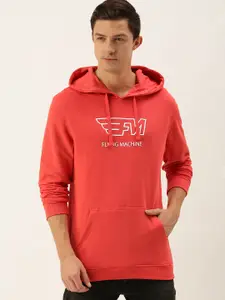 Flying Machine Men Pink Typographic Printed Hooded Sweatshirt