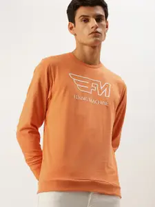 Flying Machine Men Rust Orange Brand Logo Printed Pure Cotton T-shirt
