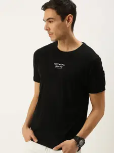 Flying Machine Men Black Solid Pure Cotton T-shirt with Print Detail