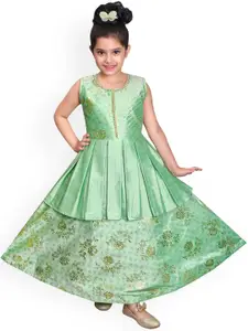 SKY HEIGHTS Green & Golden Floral Satin Ethnic Maxi Dress