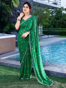 KALINI Green & Red Bandhani Beads and Stones Bandhani Saree