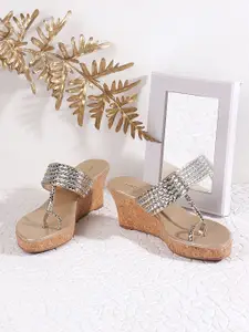 Mochi Women Gold-Toned Embellished Wedge Sandals
