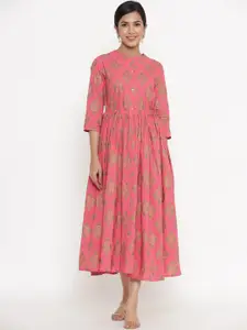 Indian Virasat Indian Virasat Pink Ethnic Motifs Cotton Midi Dress