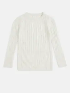 Pantaloons Junior Girls Off White Striped Acrylic Pullover Sweater