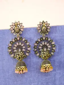 Crunchy Fashion Pink & Gold-Toned Peacock Shaped Jhumkas Earrings