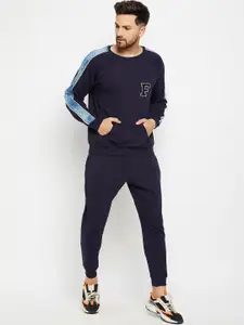 FUGAZEE Men Navy Blue Solid Oversized-Fit Pure Cotton Tracksuit