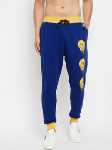 FUGAZEE Men Blue & Yellow Melted Smiley Printed Oversized-Fit Pure Cotton Joggers