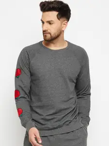 FUGAZEE Men Charcoal Solid Rose Patched Oversized Sweatshirt