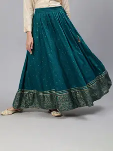 Jaipur Kurti Women Turquoise Blue & Gold-Coloured Ethnic Motifs Print Flared Maxi Skirt