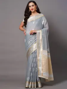Saree mall Grey & Silver-Toned Woven Design Silk Blend Banarasi Sarees