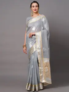 Saree mall Grey & Gold-Toned Woven Design Silk Blend Banarasi Sarees