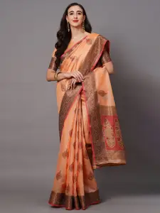 Saree mall Peach-Coloured & Pink Woven Design Silk Blend Banarasi Sarees