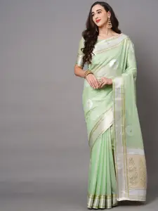 Saree mall Green & Silver-Toned Woven Design Silk Blend Banarasi Sarees