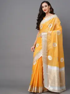 Saree mall Mustard & Silver-Toned Woven Design Silk Blend Banarasi Sarees