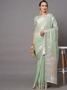 Saree mall Green & Silver-Toned Woven Design Silk Blend Banarasi Sarees