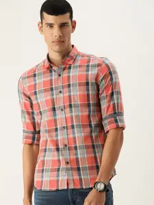 Flying Machine Men Coral Orange Slim Fit Opaque Checked Casual Shirt