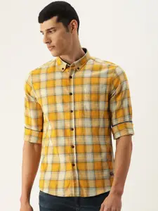Flying Machine Men Yellow & White Slim Fit Opaque Checked Casual Shirt