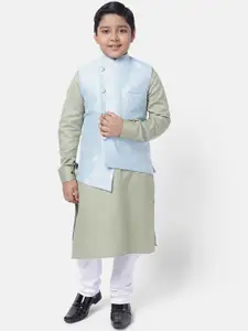 NAMASKAR Boys Green & White Regular Pure Cotton Kurta with Churidar & With Nehru Jacket