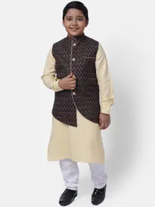 NAMASKAR Boys Cream-Coloured & Brown Regular Pure Cotton Kurta with Churidar & Jacket