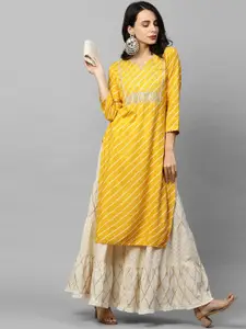 FASHOR Women Yellow & White Bandhani Yoke Design Thread Work Straight Cotton Kurta