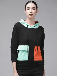 The Dry State Women Black Colourblocked Fleece Hooded Sweatshirt