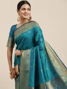 Saree mall Blue Ethnic Motifs Zari Silk Blend Banarasi Sarees