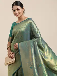 Saree mall Teal & Gold-Toned Ethnic Motifs Zari Silk Blend Banarasi Sarees