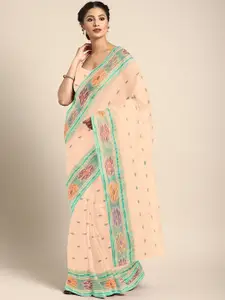Kalakari India Peach-Coloured & Multicoloured Woven Design Silk Cotton Taant Saree