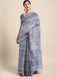 Kalakari India Purple & Gold-Toned Silk Cotton Jamdani Saree