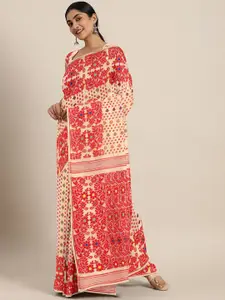 Kalakari India Cream-Coloured & Multicoloured Woven Design Silk Cotton Jamdani Saree