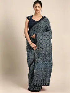 Kalakari India Blue Ethnic Motifs Pure Cotton Block Print Saree