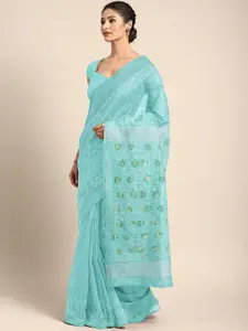 Kalakari India Sea Green & Blue Floral Silk Cotton Jamdani Saree