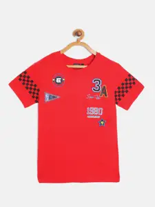 Gini and Jony Boys Red  Black Pure Cotton Typography Printed Applique Pure Cotton T-shirt