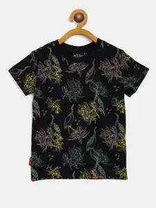 Gini and Jony Boys Black  Yellow Floral Tropical Print Pure Cotton T-shirt