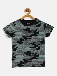 Gini and Jony Boys Black & Green Cotton Camouflage & Ethnic Motif Print T-shirt