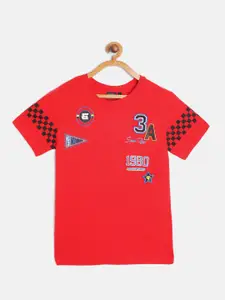 Gini and Jony Infant Boys Red  Blue Printed  Applique Detail Pure Cotton T-shirt
