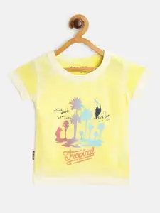 Gini and Jony Infant Boys Yellow  Blue Graphic Print Cotton Tropical Pure Cotton T-shirt
