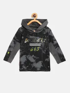 Gini and Jony Infant Boys Black & Green Typography Print Cotton Hooded Sweatshirt